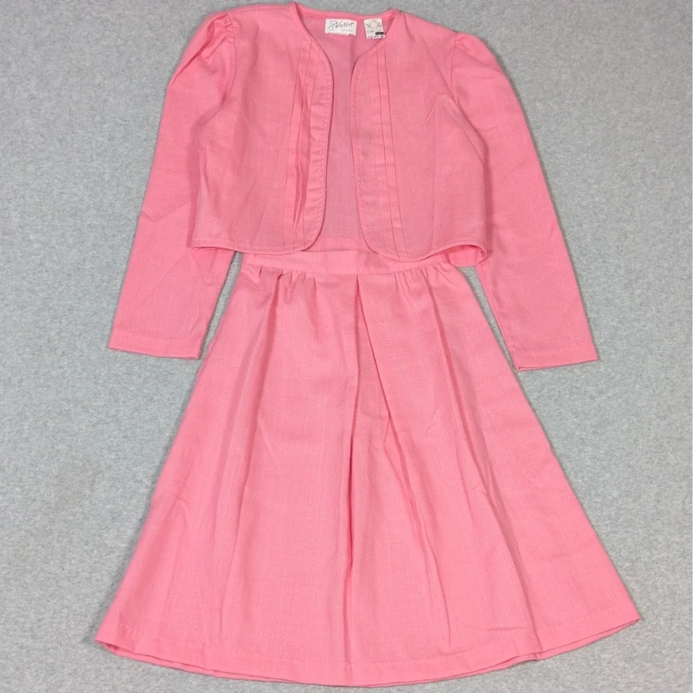 Vintage Girls Pleated Skirt Cardigan Jacket Set Size 10 Bright Pink New